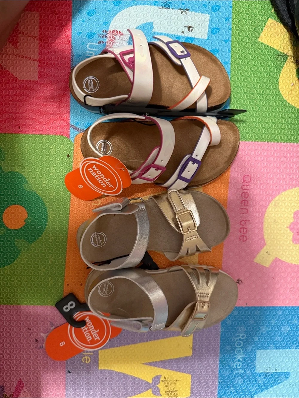 wonder nation Girls' Two-Pack Buckle Sandals in White, Pink, Purple & Gold